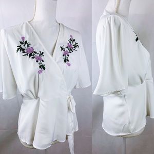 White Floral Embroidered Wrap Blouse NWT